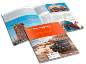 B_I baumagazin – Fachbeitrag zu maßgeschneiderten Finanzierungen im Wohnungsbau B_I baumagazin: Cover und aufgeklappte Magazinseiten mit Baustellen- und Architekturmotiven, orangefarbener Titelbalken.