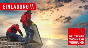 Webinar-Einladung: Photovoltaik-Montage auf Solardach Einladungsbanner mit Monteuren auf einem Dach bei der Installation von Solarmodulen; DWV-Logo und „Einladung“.