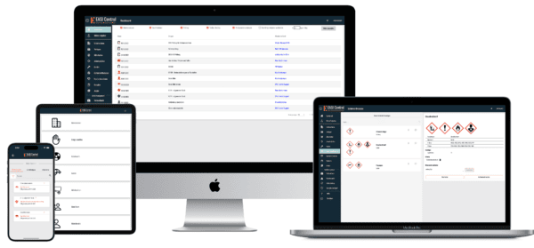 Arbeitsschutz-Software auf Smartphone, Tablet, Desktop und Laptop Geräte-Mockup: Smartphone, Tablet, Desktop-Monitor und Laptop zeigen eine Arbeitsschutz-Software mit Listen und Warnsymbolen.