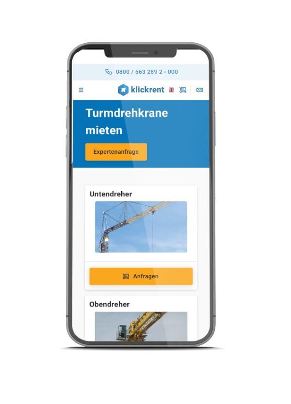 Smartphone-Screenshot der Plattform klickrent Smartphone mit geöffneter klickrent-Webseite; Anzeige zur Miete von Turmdrehkranen.