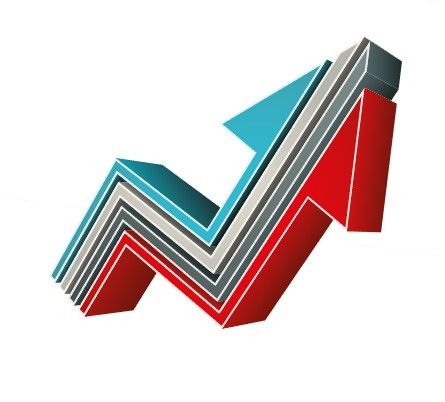 Stilisiertes 3D-Diagramm mit Pfeil nach oben in Blau, Grau und Rot.