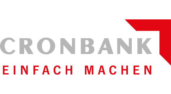 CRONBANK – Logo mit Claim Logo „CRONBANK“ mit Claim „EINFACH MACHEN“ und rotem grafischen Element.